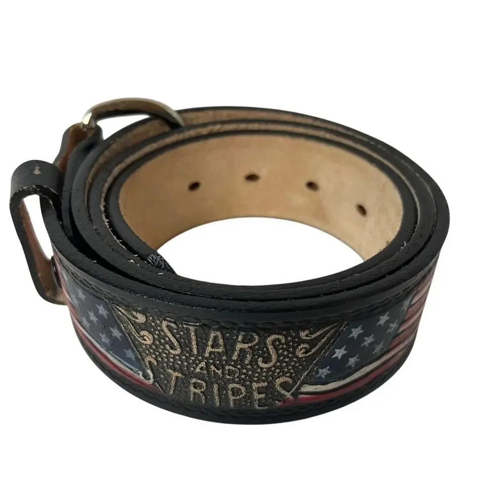 Western Express Mens Tooled Leather Belt 32 34 Stars Stripes USA Flag